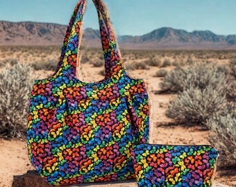 Vibrant Rainbow Butterfly Handbag & Makeup Bag Set, USA Handcrafted Cotton Duo