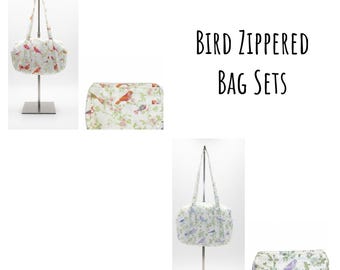 Whimsical Bird-Themed Handbag & Makeup Bag Set - Made in USA, Quilted Cotton, Zippered Closure - Perfect Gift for Bird Lovers