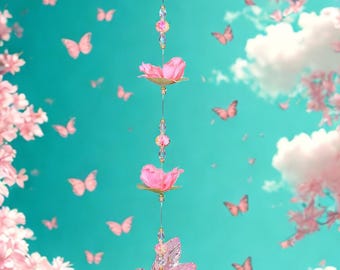 Stunning Handcrafted Pink Iridescent Hummingbird Suncatcher with Glass Beads and Flower Accents