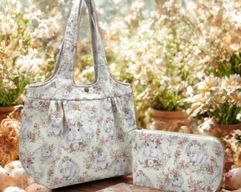 Whimsical Handmade Bunny & Floral Handbag and Makeup Bag Set - Made in the USA, Versatile Style, Easy Care, Professional Finish