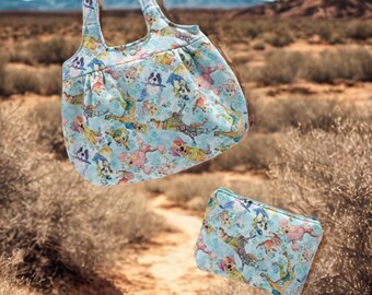 Colorful Dog Print Handbag & Makeup Bag Set, Made in USA, 100% Cotton, Machine Washable, Durable Design, Whimsical Dog Breed Pattern