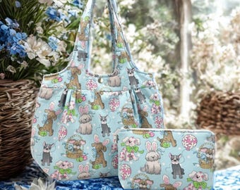 Easter Dogs Handbag and Makeup Bag Set - Whimsical Pups Print, Made in USA, Durable Fabric, Easy Maintenance, Complete Spring Set