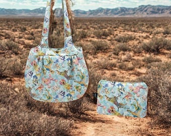 Colorful Dog Print Shoulder Bag and Makeup Set - Handcrafted in the USA, 100% Cotton, Machine Washable, Sturdy Design, Great Gift for Dog