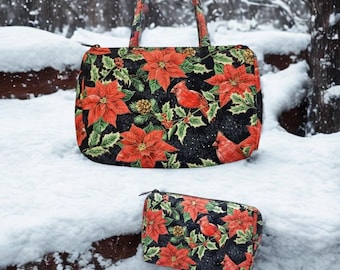 Cardinal and Poinsettia Zippered Bag Set