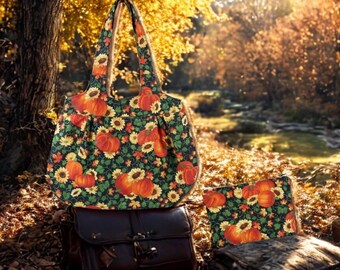 Autumn Harvest Coordinated Handbag and Makeup Bag Set with Vibrant Pumpkin and Sunflower Print