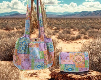 Vibrant Patchwork Quilt Shoulder Bag & Cosmetic Set, Handcrafted in USA, Paisley Design, 100% Cotton, Machine Washable