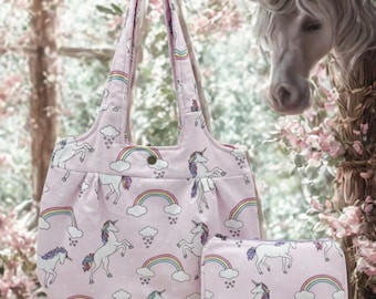 Enchanting Unicorn and Rainbow Handbag Set - Handmade in the USA from Premium Cotton Fabrics with Matching Makeup Bag