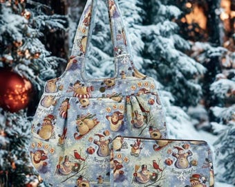 Whimsical Snowman Christmas Handbag & Makeup Bag Set - Festive Holiday Accessories Made in USA