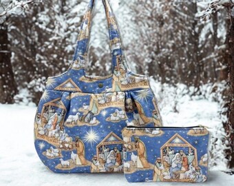 Handcrafted Nativity Scene Handbag and Makeup Bag Set - Made in USA, Festive Holiday Gift, Serene Blue Background