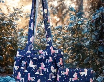 Whimsical Handmade Unicorn Shoulder Bag & Makeup Set - Made in USA, 100% Cotton, Vibrant Rainbow Pattern