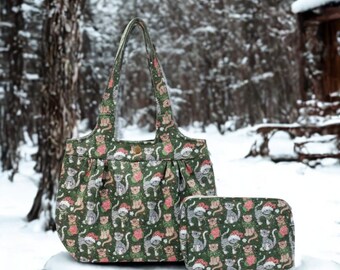 Cats On Green Handbag Set