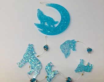 Aqua Glitter Wolf Moon Resin Suncatcher 24"