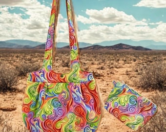 Colorful Swirls Handbag and Makeup Bag Set - Vibrant Rainbow Pattern, Handcrafted in the USA, 100% Cotton, Fully Lined, Polyester Batting
