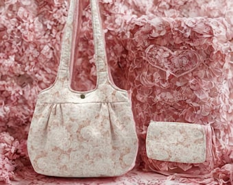 Elegant Handmade Floral Shoulder Bag and Makeup Bag Set, Cream and Peach Roses, Made in USA, Vintage-inspired Design