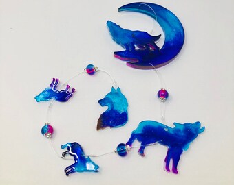 Aqua/Blue/Purple Wolf Moon Resin Suncatcher 23"