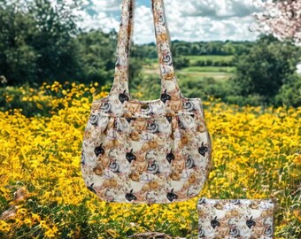 Whimsical Bunny Print Handbag and Makeup Bag Set - Made in USA, High-Quality Cotton, Perfect Gift for Animal Lovers