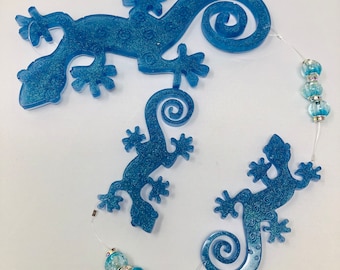 Blue Glitter Resin Gecko Suncatcher 24"