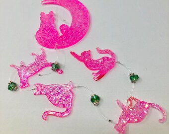 Pink Glitter Moon Cat Resin Suncatcher