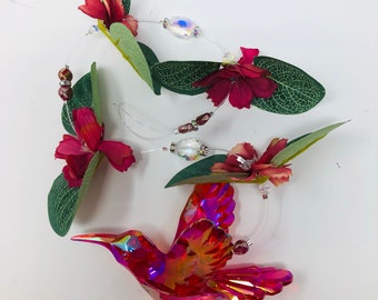 Handmade Burgundy Hummingbird Suncatcher 17"