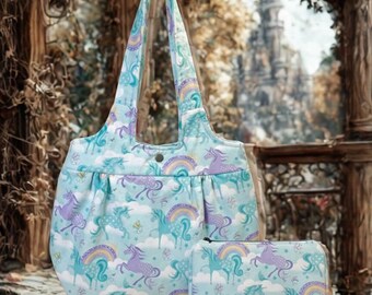 Whimsical Unicorn and Rainbow Handbag Set - Made in USA - Unique Gift for Fantasy Lovers - Teal & Purple Design - High Quality Craftsmanship