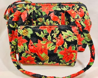 Handmade Zippered Handbag/Purse "Poinsettia And Cardinals"