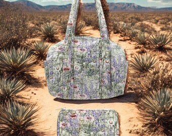 Serene Botanical Handcrafted Purse & Makeup Bag Set - Made in USA with Wildflower Meadow Print