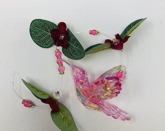 Handmade Pink/Clear Hummingbird Suncatcher 14"