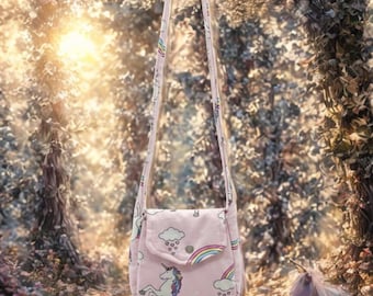 Handmade Enchanted Unicorn Mini Purse - Whimsical Rainbow Print, Crossbody Strap, USA Made, Machine Washable