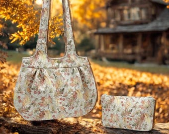 Autumnal Oak Leaves Handbag and Makeup Bag Set - Handcrafted in USA with 100% Cotton, Fully Lined, and Reinforced for Durability