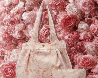 Handmade Cream and Peach Rose Print Handbag Set - Vintage-inspired Elegance for Daily Use, USA Made, Perfect Gift Idea