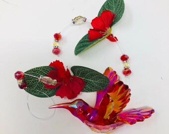 Handmade Burgundy Hummingbird Suncatcher 15"