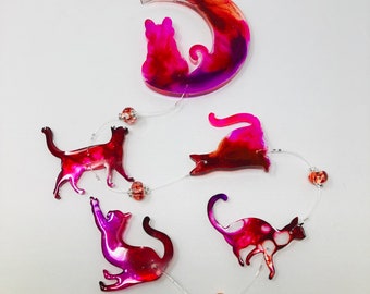 Orange/Red/Purple Moon Cat Resin Suncatcher 26"