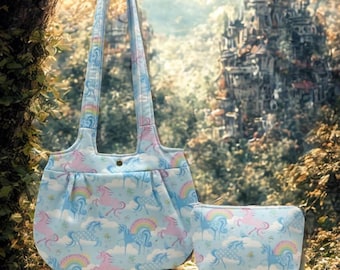 Handmade Unicorn Shoulder Bag Set with Rainbow Pattern in Blue and Pink - Perfect for Adding Magic to Your Daily Routine!