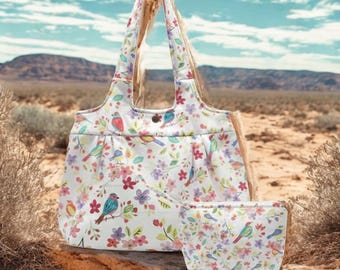 Nature-Inspired Watercolor Bird Handbag & Makeup Bag Set for Artisan Elegance