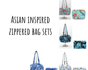 Sophisticated Asian-Inspired Purse & Makeup Bag Set, Handcrafted in USA, High-Quality Cotton Canvas - Elegant Details, Perfect Gift for Art