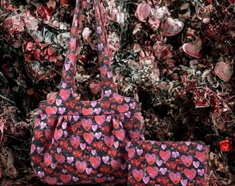 Romantic Hearts Shoulder Bag and Makeup Bag Set - Handmade in USA with Premium Materials