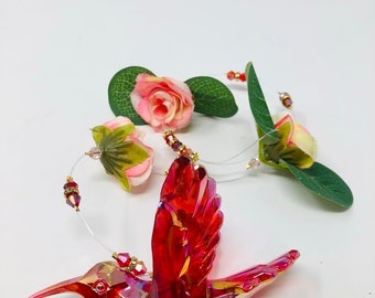 Handmade Burgundy Hummingbird Suncatcher 17"