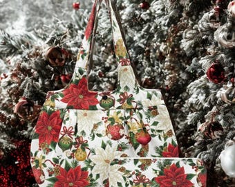 Festive Christmas Handbag & Makeup Bag Set with Poinsettias and Ornaments