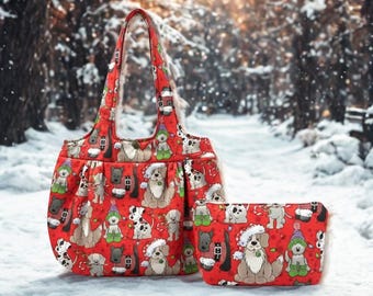 Festive Handbag and Makeup Bag Set with Dogs in Winter Hats and Scarves on Red Background