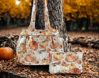 Handcrafted Pumpkin Print Handbag and Makeup Bag Set - Autumnal Shoulder Bag Duo - 100% Cotton - Machine Washable - USA Made
