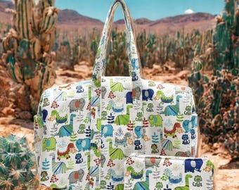 Handmade Prehistoric Jungle Flannel Bag Set - Dinosaur Diaper & Travel Bag, Baby Shower Gift, USA Made, Matching Makeup Bag, Quilted Design