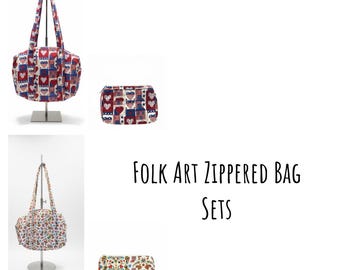Handcrafted Folk Art Purse & Makeup Bag Set - Artisanal Storytelling Accessories - USA Made Heritage Charm - Vibrant Hand-Drawn Aesthetic