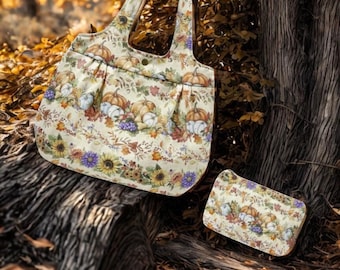 Fall Harvest Handbag & Makeup Bag Set - Artisan Cotton Accessories - Pumpkins - Sunflowers Print - Made in USA