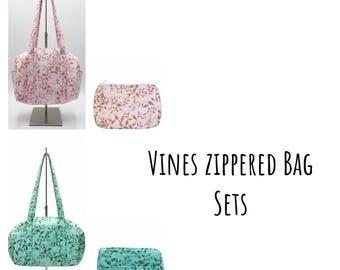 Botanical Grace Vine-Themed Purse and Makeup Bag Set: Handcrafted in the USA with Organic Cotton, Elegant Vine Pattern, Secure Zippers