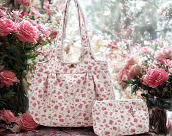Elegant Hearts & Roses Handbag - Makeup Bag Set - Handmade in USA - Romantic Floral Design - Perfect Gift or Treat for Yourself