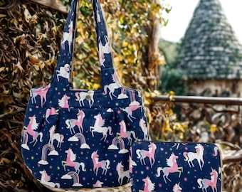 Enchanting Handmade Unicorn & Rainbow Handbag Set - Made in USA, 100% Cotton, Vibrant Multi-Colored Pattern, Gift for Dreamers of All Ages