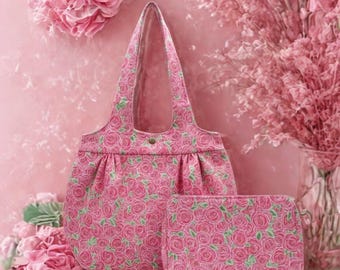 Handmade Pink Roses Handbag and Makeup Bag Set - Stylish Floral Accessories from USA
