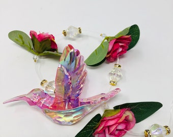Handmade Pink/Clear Hummingbird Suncatcher 14"
