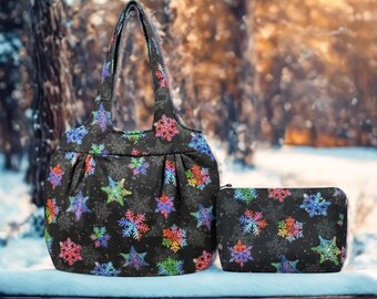 Snowflakes On Black Handbag Set