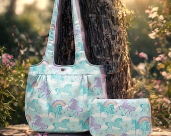 Handmade Teal and Purple Unicorn Shoulder Bag Set - Made in USA - High-Quality Cotton - Fantasy Gift - Matching Makeup Bag - Machine